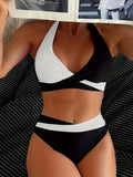 2 Piece Color Block Crisscross Halter Tie Strap Backless Bikini Set - Women's Swimwear & Clothing - Sexy Summer Beachwear for Ladies