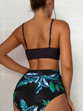 Two-Piece Leaf Print High-Cut Bikini Sets - V Neck Spaghetti Strap, High Stretch Polyester, Conventional Bottom, Random Printing, Sleeveless, Knit Fabric - Perfect for Valentines Day, Womens Swimwear & Clothing