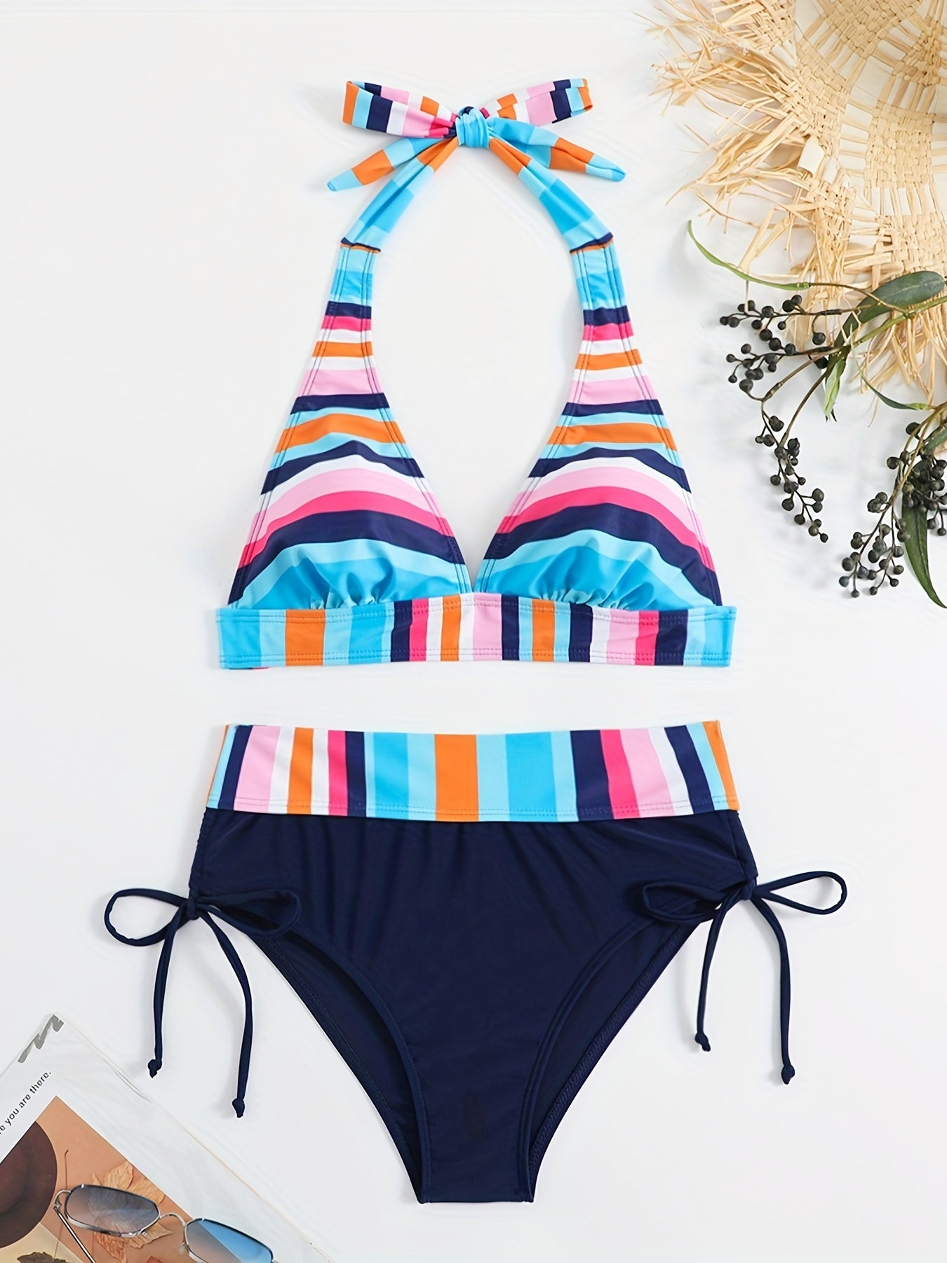 2 Piece Colorful Strip Print Halter Bikini Set - Women's Swimwear & Clothing, Tie Neck High Stretch Sexy Bathing Suit with Drawstring, Comfortable and Stylish Beachwear for Summer Vacation