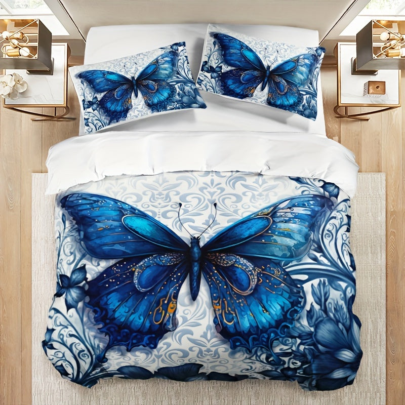 Luxury Blue Butterfly 3pc Bedding Set: Breathable, All-Season Duvet Cover & Pillowcases, Easy Maintenance for Comfort & Style