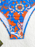 Women's High-Waisted Bohemian Crossback Bikini Shorts Set - Floral Print Polyester Blend Swimwear with Ties for Beach or Pool