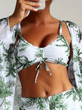 Elegant Tropical Print High-Waist Bikini Set with Knit Fabric, Polyester and Elastane Blend, Strapless Top with High Stretch Material, Sleeveless Two-Piece Swimsuit for Swimming
