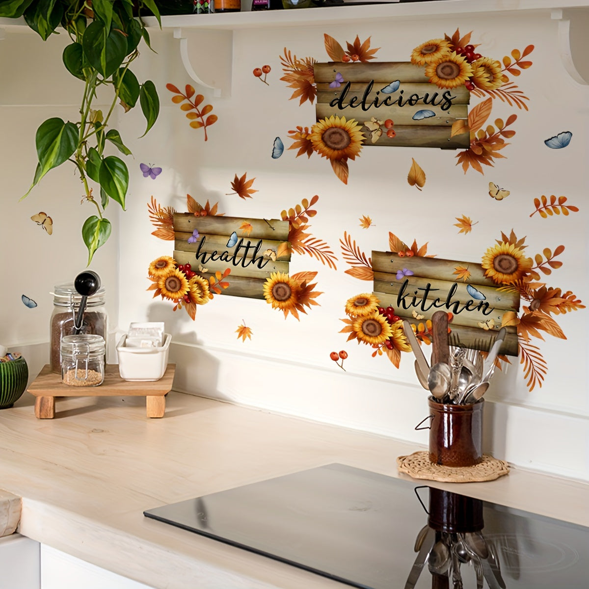 3pcs Thanksgiving Autumn Decor Set - Sunflower & Butterfly Kitchen Wall Stickers, Vinyl, Easy Apply