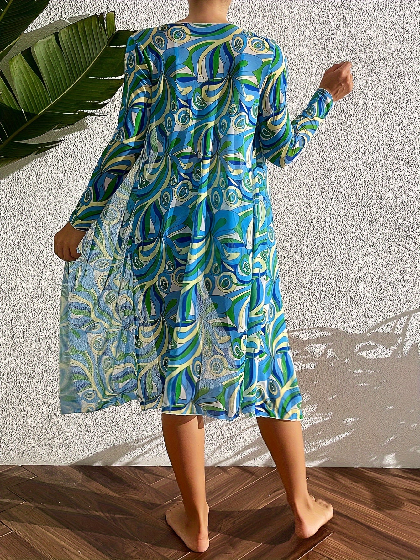 3-Piece Set: Geometric Print Drawstring High Rise Bikini, Long Sleeve Sheer Cover Up Kimono Shirt, and Boxer Short, Women's Denim & Clothing