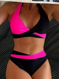 2 Piece Color Block Crisscross Halter Tie Strap Backless Bikini Set - Women's Swimwear & Clothing - Sexy Summer Beachwear for Ladies