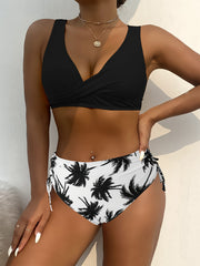 Vibrant Leaf Print Bikini Set - High-Cut, Centre Tie, Layered Bra, Two-Piece Swimsuit for Women - Stylish, Comfortable, and Flattering Swimwear for Summer