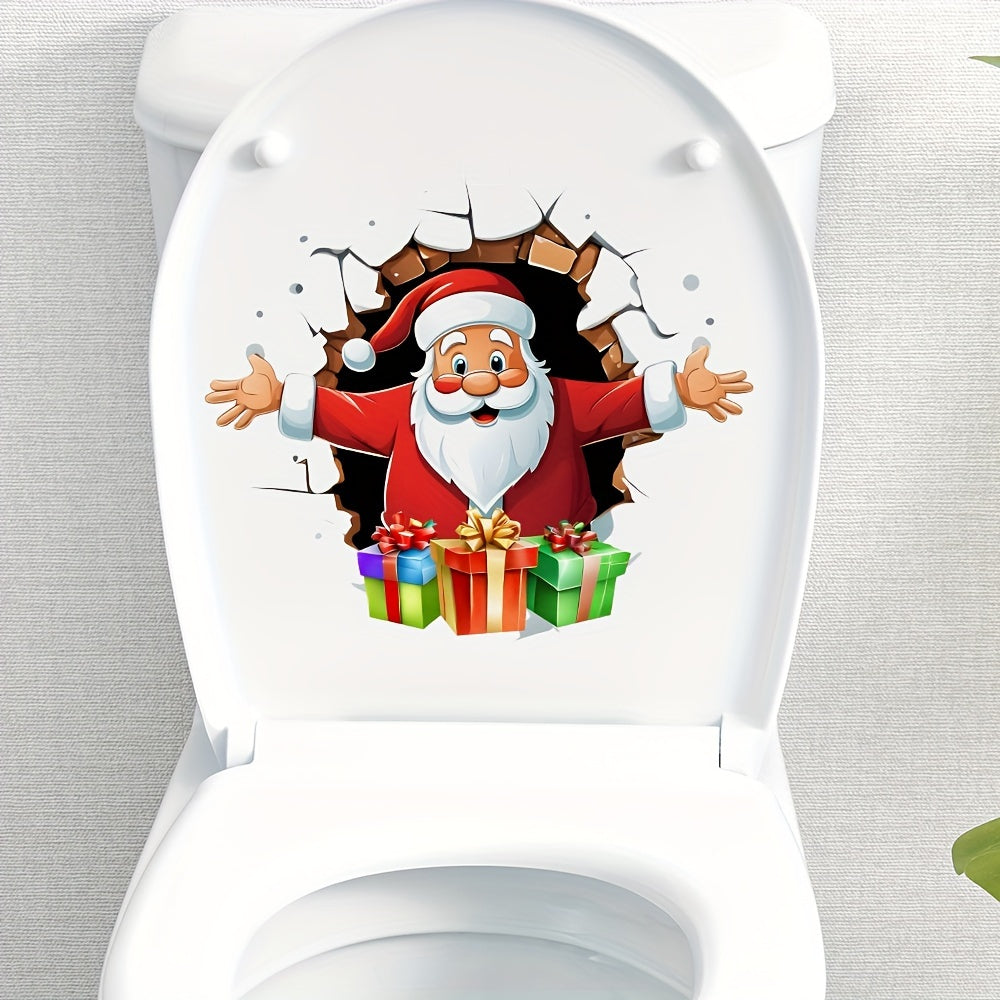 3D Santa Claus Toilet Sticker, Christmas Bathroom Decor, PVC Self-Adhesive Ceramic Toilet Tank Cover Decal, Reusable, Rectangular, Semi-Matte Finish