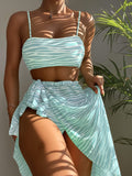 Striped Print 3 Piece Set Bikini, Square Neck High Cut With Cover Up Skirt Swimsuits, Women's Swimwear & Clothing