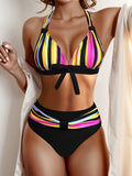 Vibrant Striped Bowknot Bikini Set - Halter, Backless, High Waist - Stretchy 2-Piece Swimsuits for Women - Summer Ready Swimwear