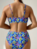 Floral Chic High-Waisted Bikini Set - Adjustable Straps, Sexy Push-Up Cups, Comfortable Two-Piece Swimsuit with Ruffled Hem, Perfect for Summer Beach Vacation, Pool Party, or Water Sports - Women's Swimwear for Confidence and