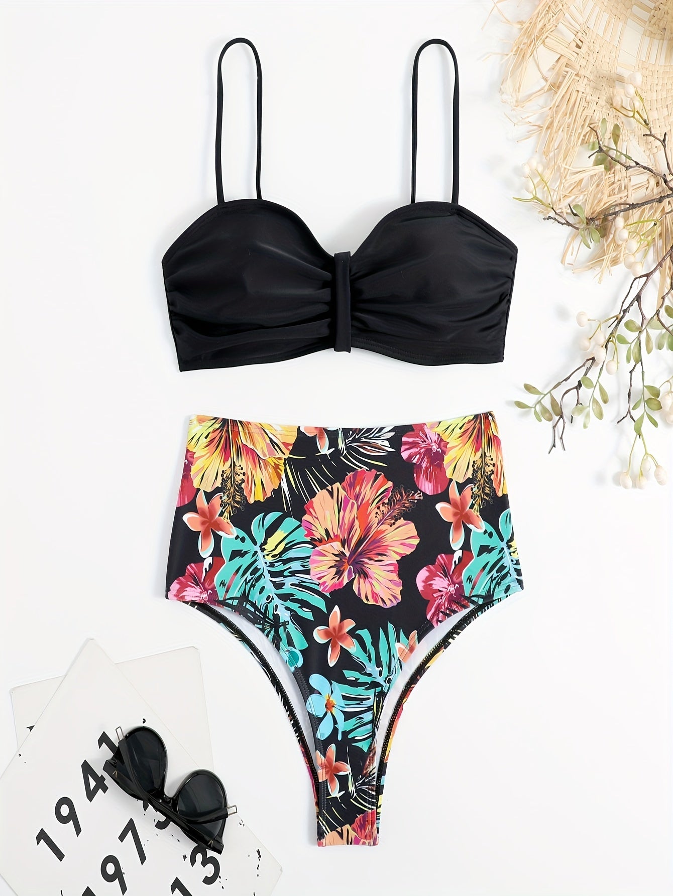 Tropical Floral Print High Waist Black 2 Piece Set Bikini, Tie Back Spaghetti Strap Stretchy Swimsuits, Women's Swimwear & Clothing