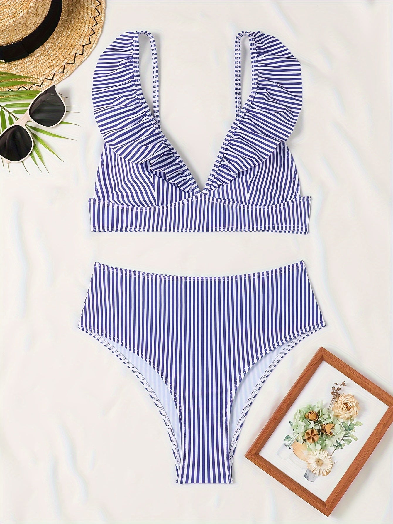 2-Piece High-Waisted Striped Bikini Set, V-Neck Top With Ruffled Hem, Swimwear For Women