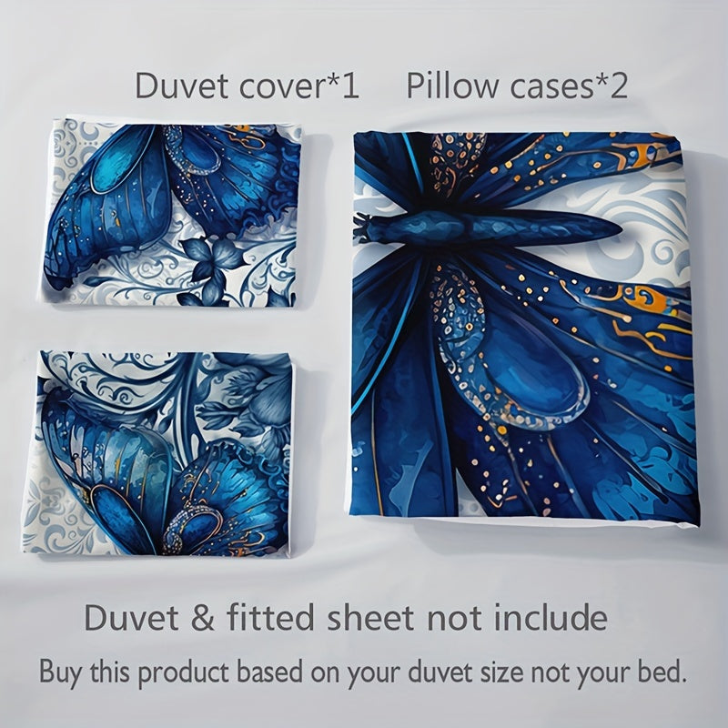 Luxury Blue Butterfly 3pc Bedding Set: Breathable, All-Season Duvet Cover & Pillowcases, Easy Maintenance for Comfort & Style