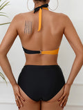 2-Piece Chic Black & White Color Block Bikini Set, Halter Tie Neck & Backless Design, Medium Stretch for Supreme Comfort - Ideal for Poolside & Beachwear