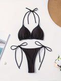 Chic Solid Color Halter Neck Bikini Set - Adjustable Tie-Side Triangle Swimsuit - Flattering Backless Beachwear for Women