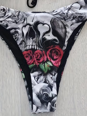 Gothic Skull Floral Print Tie Strap 2 Piece Set Bikini, High Stretch Halter Spaghetti Strap Halloween Swimsuits, Women's Swimwear & Clothing Valentine's Day Carnaval & Music Festival Triangle Top