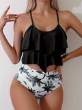 Vibrant Palm Tree Print Two-Piece Bikini Set - Ruffle High Waist, High Cut, Round Neck, Flattering Swimwear for Women - Perfect for Palm Sunday, Beach, Pool, and Summer Vacation