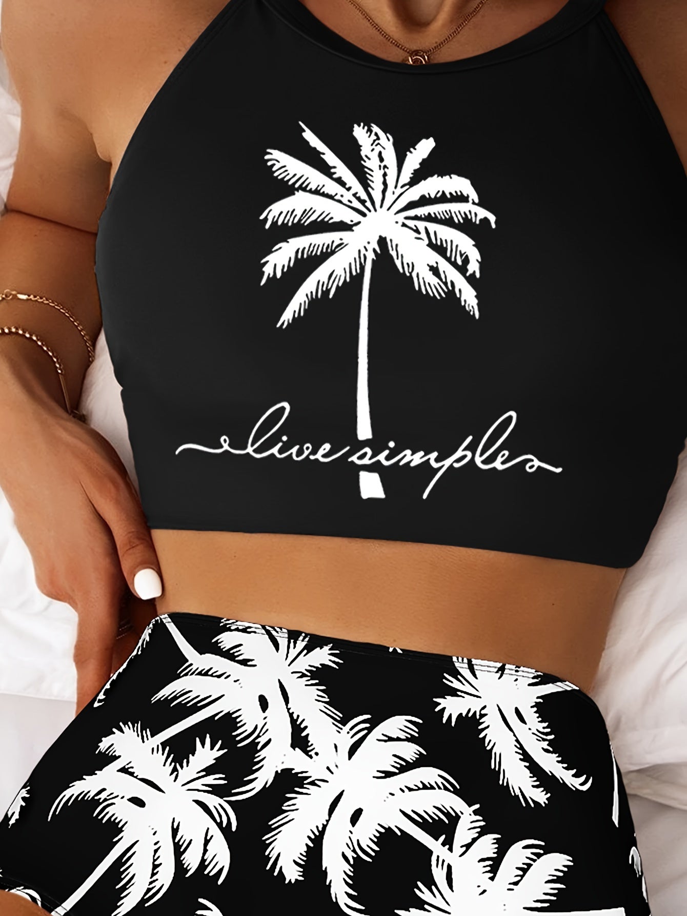 Two-Piece High-Waisted Conservative Bikini Set - Soft High Stretch Polyester, Coconut Palm Print, Random Printing, Hand Washable, Customized Knit Fabric - Perfect for Summer Beachwear and Pool Parties