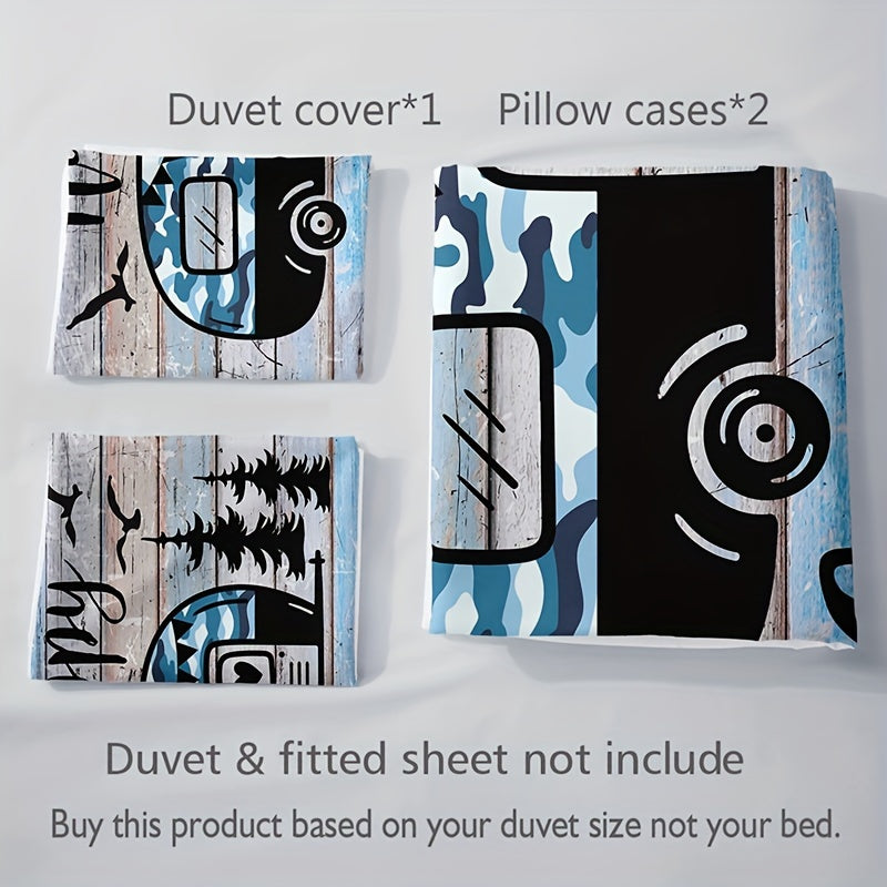 3-Piece Camping Forest Car Print Duvet Cover Set - Soft, Comfortable, and Fashionable Bedding for Bedroom and Guest Room - Includes 1 Duvet Cover and 2 Pillowcases, No Filling