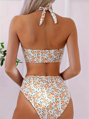 Two-Piece High-Waisted Women's Bikini Swimwear, Supportive Halter Top, Floral Pattern, Summer Beachwear