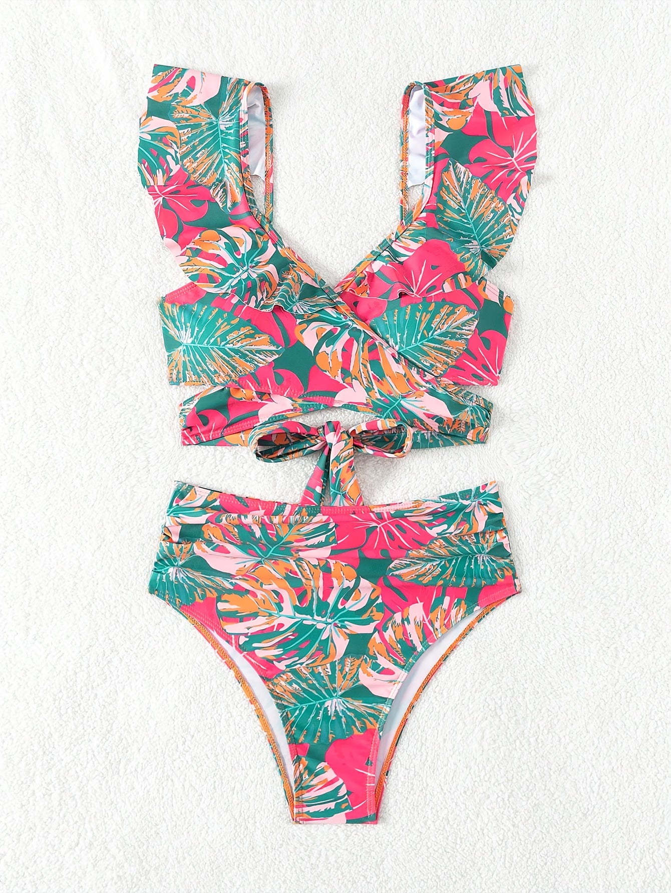 Flirty Tropical Print Ruffle Trim Bikini Set - High-Waisted Womens Swimsuit for a Chic Vacay Style - Comfortable Two-Piece Bathing Suit