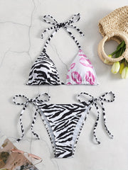 2-Piece Zebra Print High-Waisted Bikini Set with Ruffle-Trim Halter Top and Adjustable Ties for Women's Beachwear Swimwear