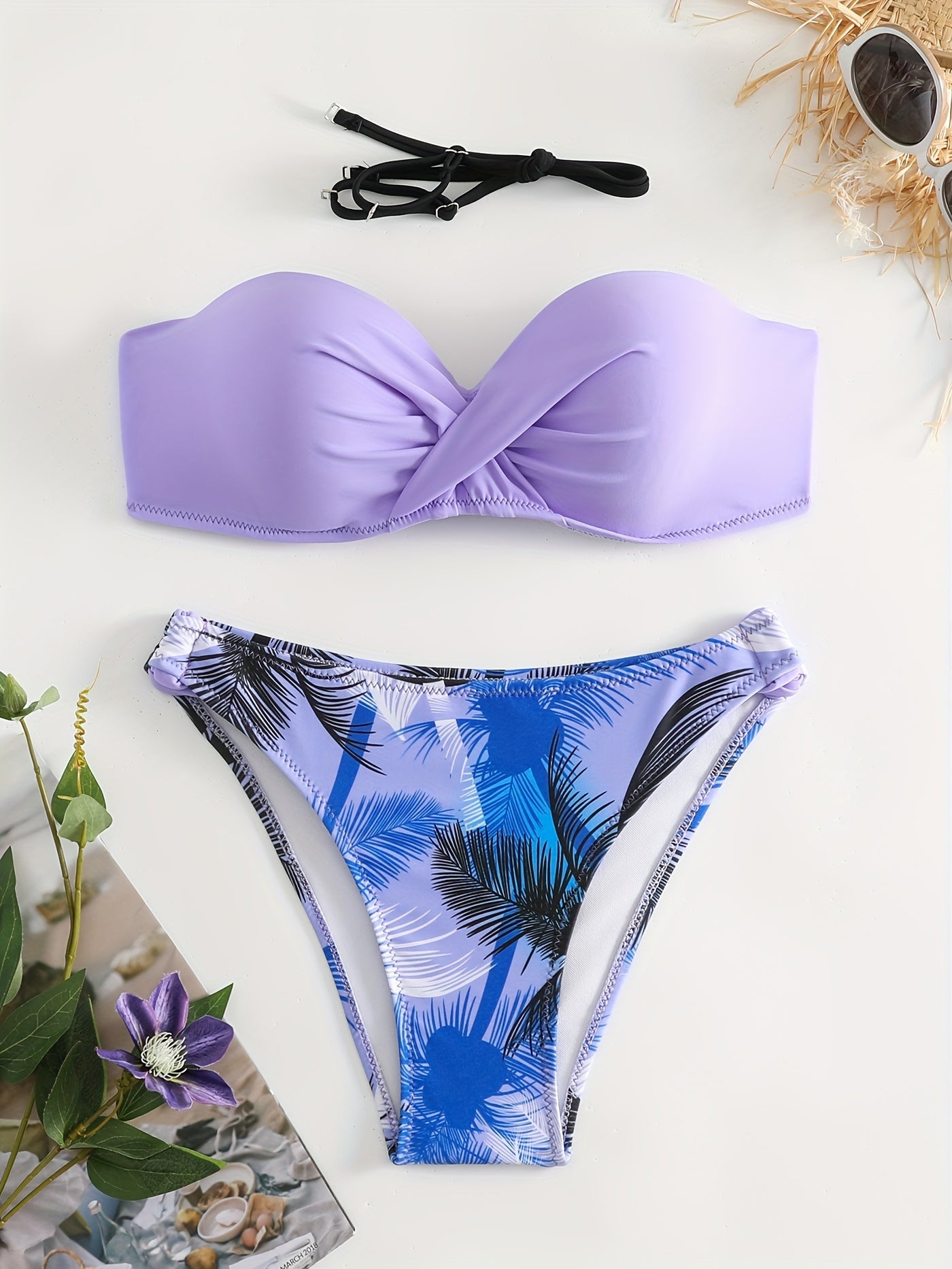 Tropical Print High-Cut Bikini Set - Backless with Ruched Tie-Back - Perfect for Beach Vacations