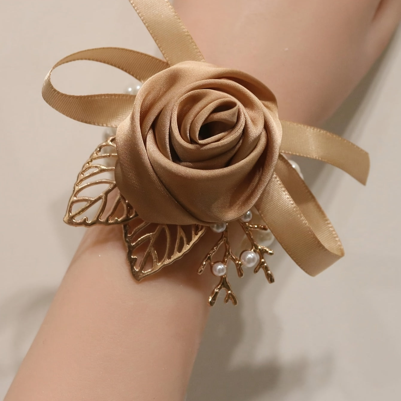 Elegant Champagne Rose & Faux Pearl Stretch Bracelet - Chic Polyester Fabric Wrist Corsage For Bridesmaids And Brides