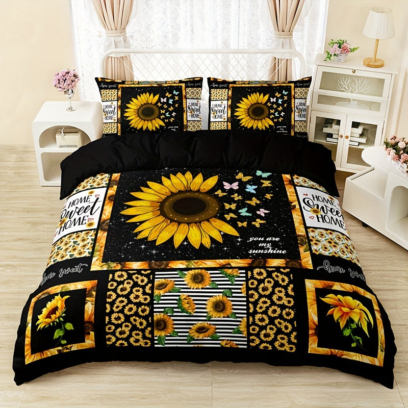 3pcs Sunflower Flower Print Duvet Cover Set - Vibrant Fashion Pastoral Style, Ultra-Soft and Breathable Fabric, Complete Set with 1 Duvet Cover and 2 Pillowcases, Perfect for Bedrooms and Guest Rooms