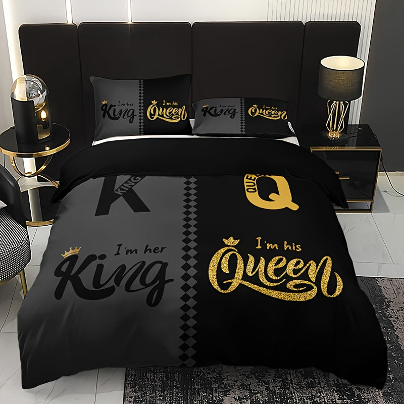 3-Piece Black & Grey Crown Lettering Duvet Cover Set - Vibrant High-Definition Printing, Soft Brushed Microfiber Fabric, Comfortable and Breathable for Home & Dorm Decor - Comforter Not Included