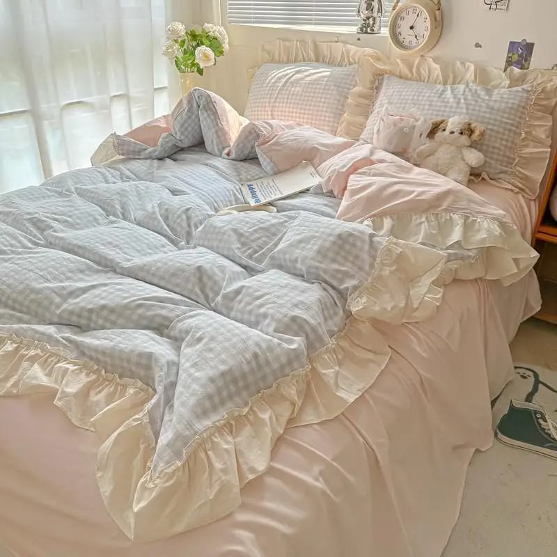 Qfdian Kawaii Pastel Plaid Ruffle Bedding Set