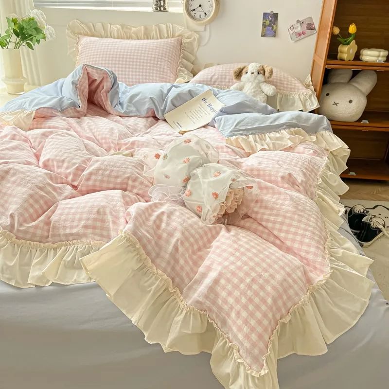 Qfdian Kawaii Pastel Plaid Ruffle Bedding Set