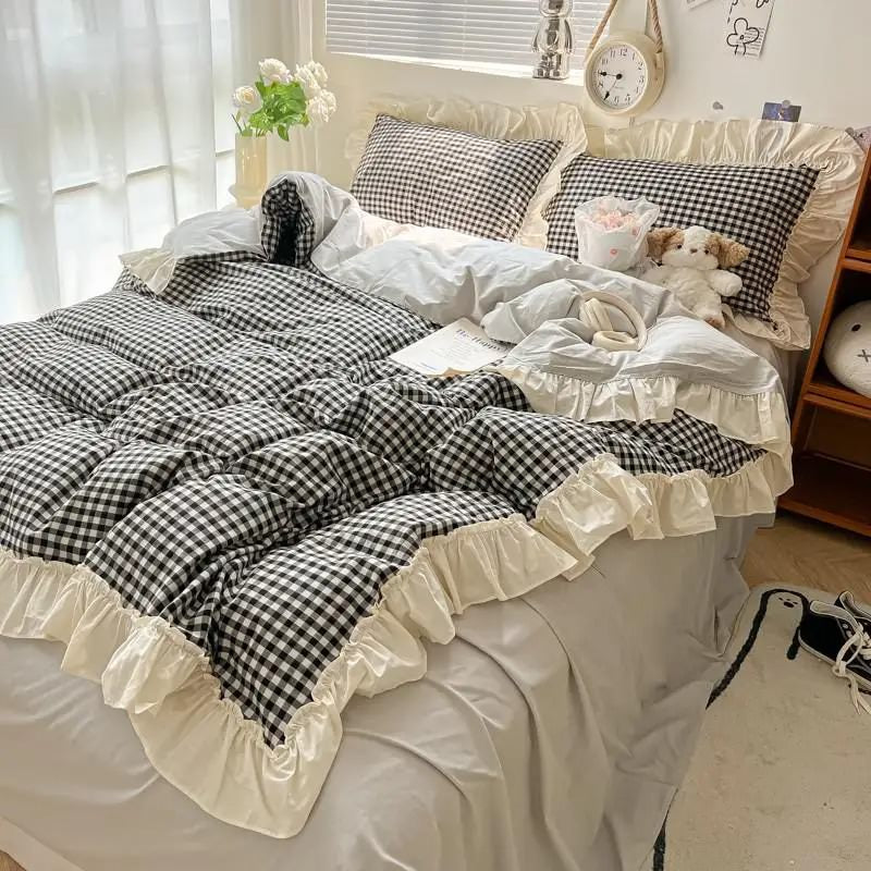 Qfdian Kawaii Pastel Plaid Ruffle Bedding Set