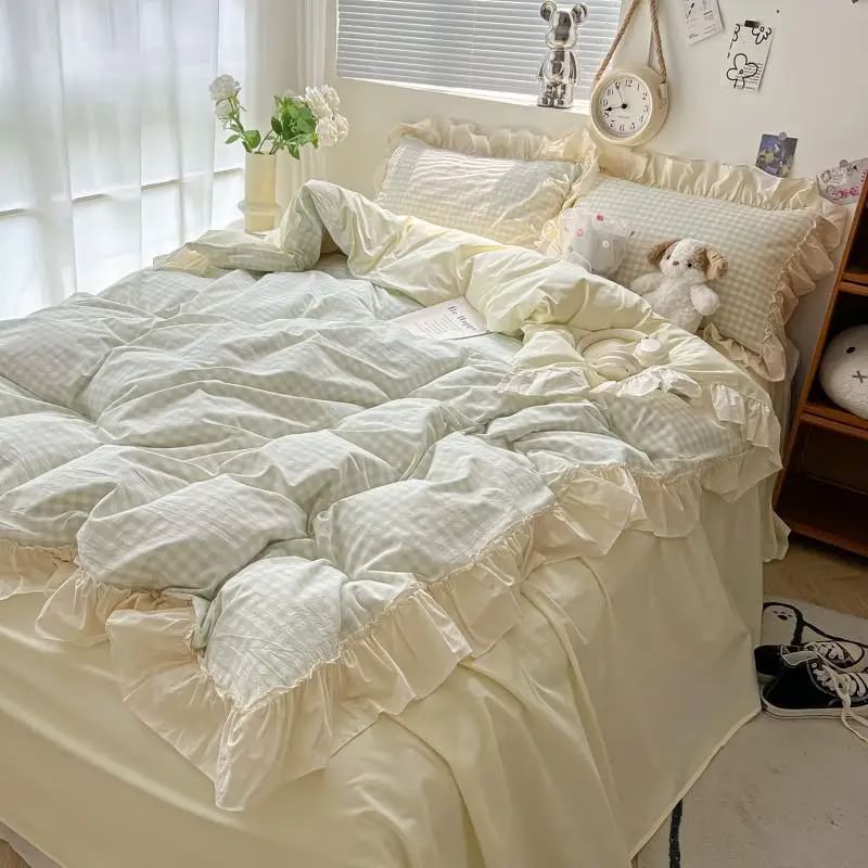 Qfdian Kawaii Pastel Plaid Ruffle Bedding Set