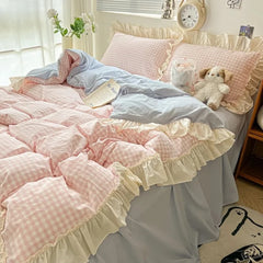 Qfdian Kawaii Pastel Plaid Ruffle Bedding Set