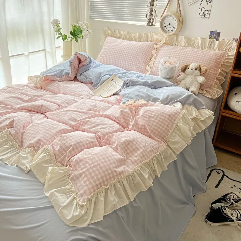 Qfdian Kawaii Pastel Plaid Ruffle Bedding Set