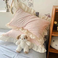 Qfdian Kawaii Pastel Plaid Ruffle Bedding Set