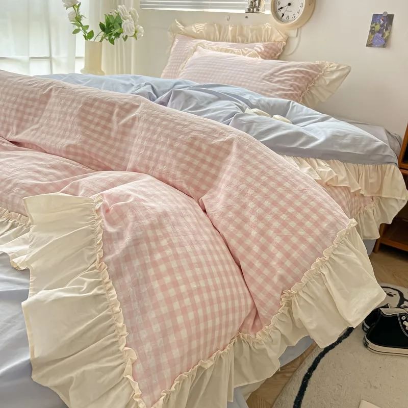 Qfdian Kawaii Pastel Plaid Ruffle Bedding Set