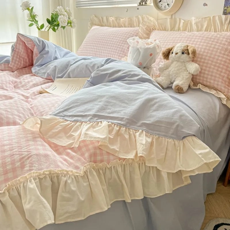 Qfdian Kawaii Pastel Plaid Ruffle Bedding Set