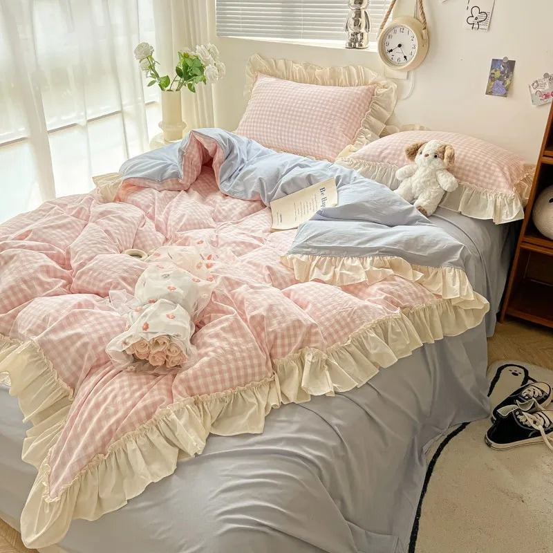 Qfdian Kawaii Pastel Plaid Ruffle Bedding Set