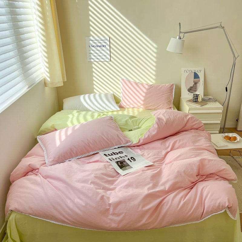 Qfdian Pastel Lace Edge Bedding Set