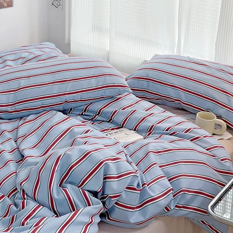 Qfdian Minimalist Red Striped Light Blue Bedding Set