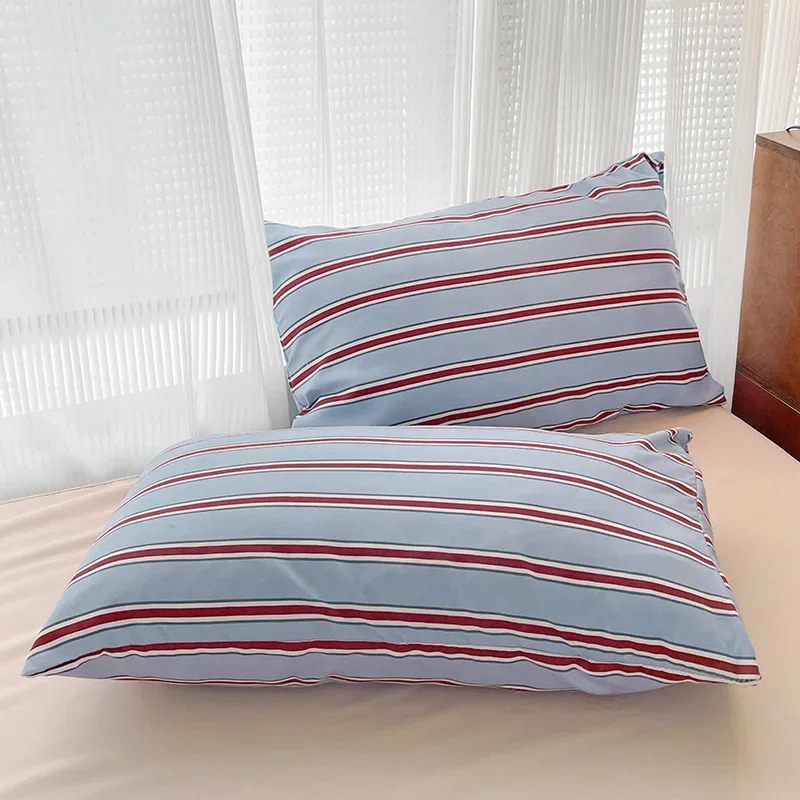 Qfdian Minimalist Red Striped Light Blue Bedding Set