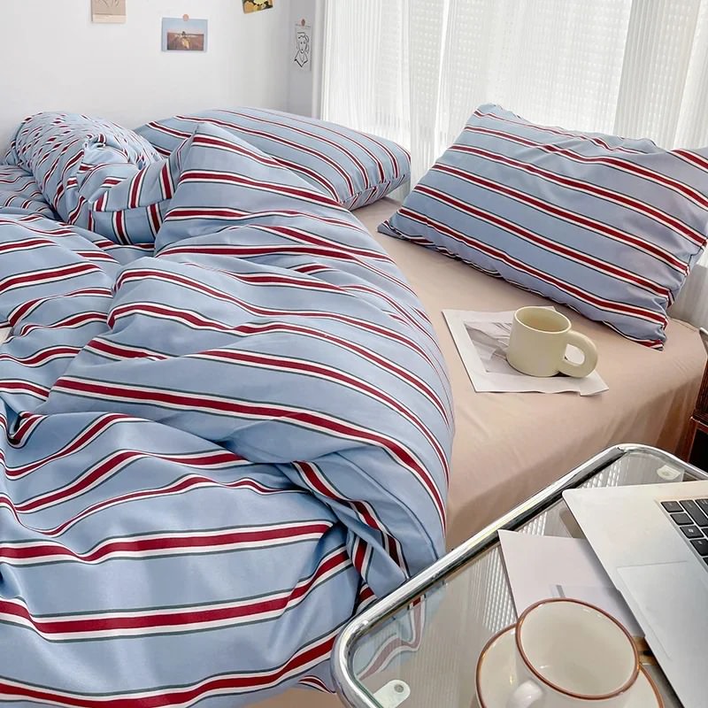 Qfdian Minimalist Red Striped Light Blue Bedding Set