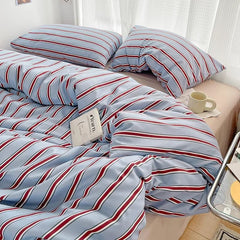 Qfdian Minimalist Red Striped Light Blue Bedding Set