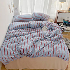 Qfdian Minimalist Red Striped Light Blue Bedding Set