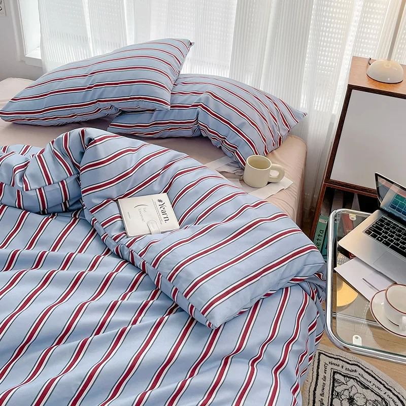 Qfdian Minimalist Red Striped Light Blue Bedding Set