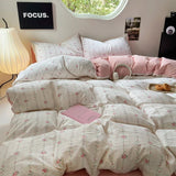 Qfdian Pale Pink Thin Floral Stripes Bedding Set