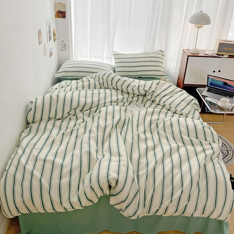 Qfdian Minimalist Green Striped Sage Bedding Set