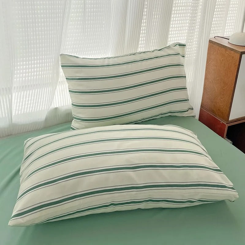 Qfdian Minimalist Green Striped Sage Bedding Set